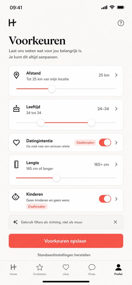 Hinge voorkeuren en filters instellen