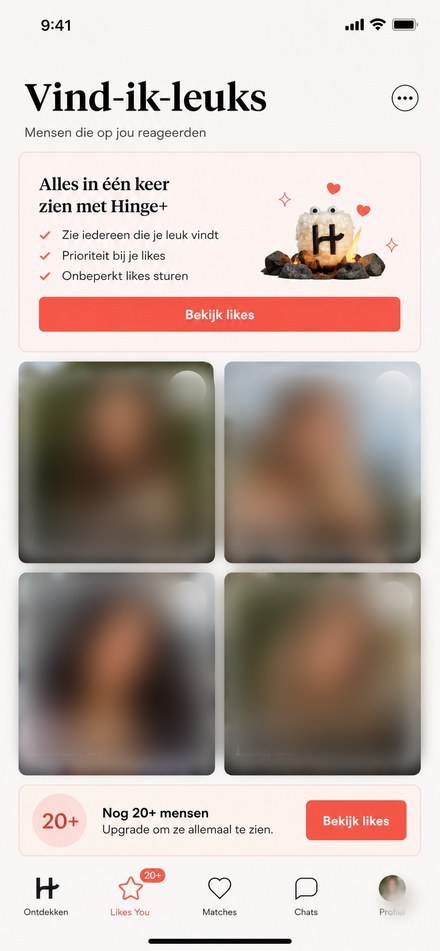 Hinge Likes You scherm met inkomende likes