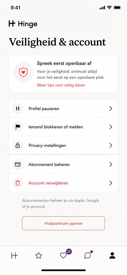 Hinge veiligheid privacy en accountinstellingen