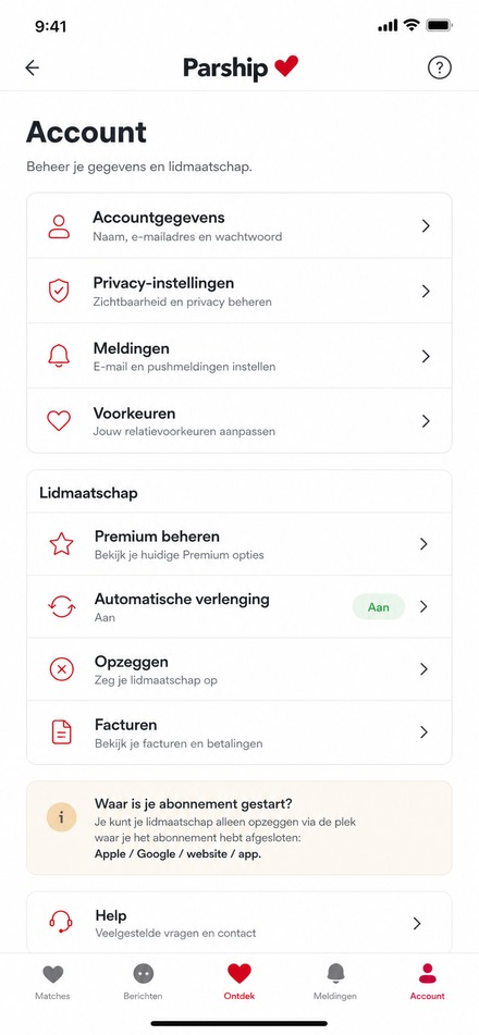 Parship account en lidmaatschap beheren