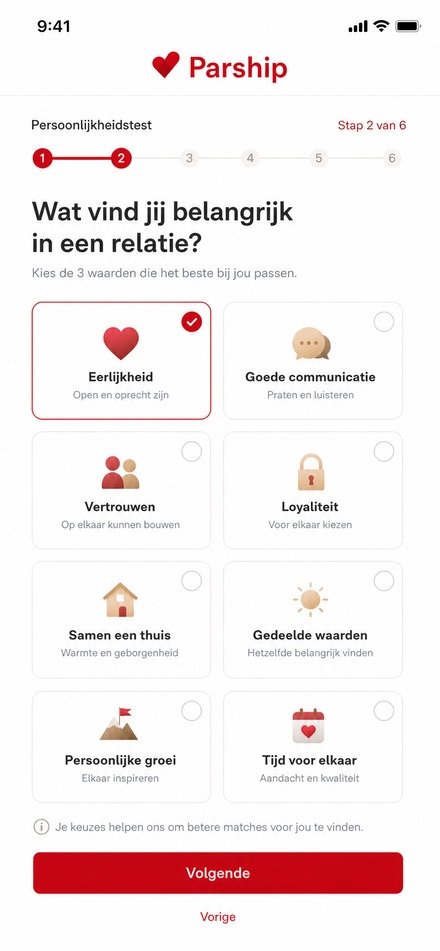 Parship persoonlijkheidstest in de app