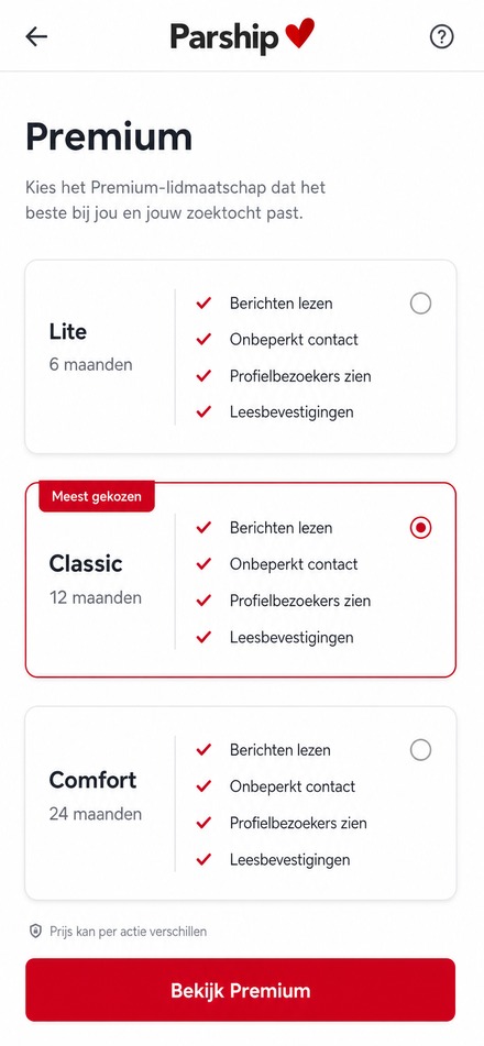Parship Premium opties vergelijken