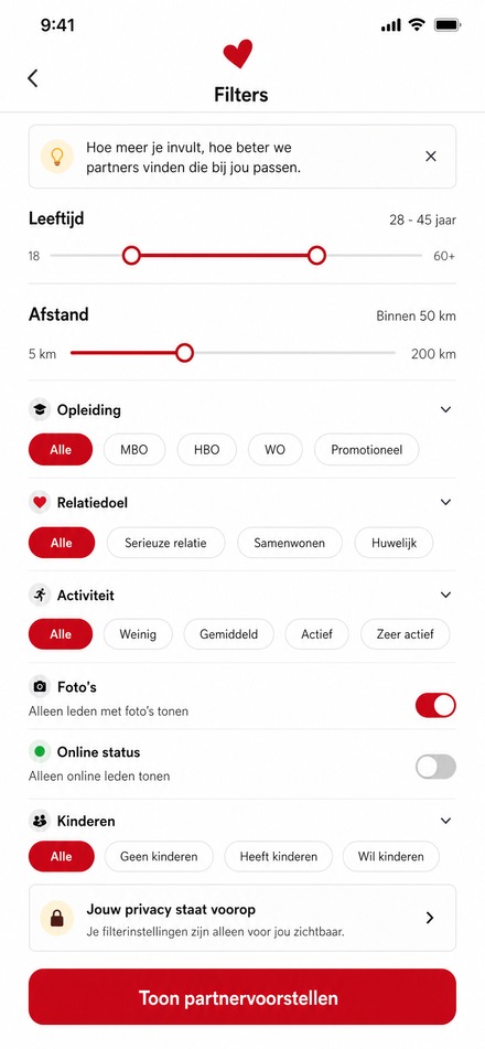 Parship zoeken en filters gebruiken