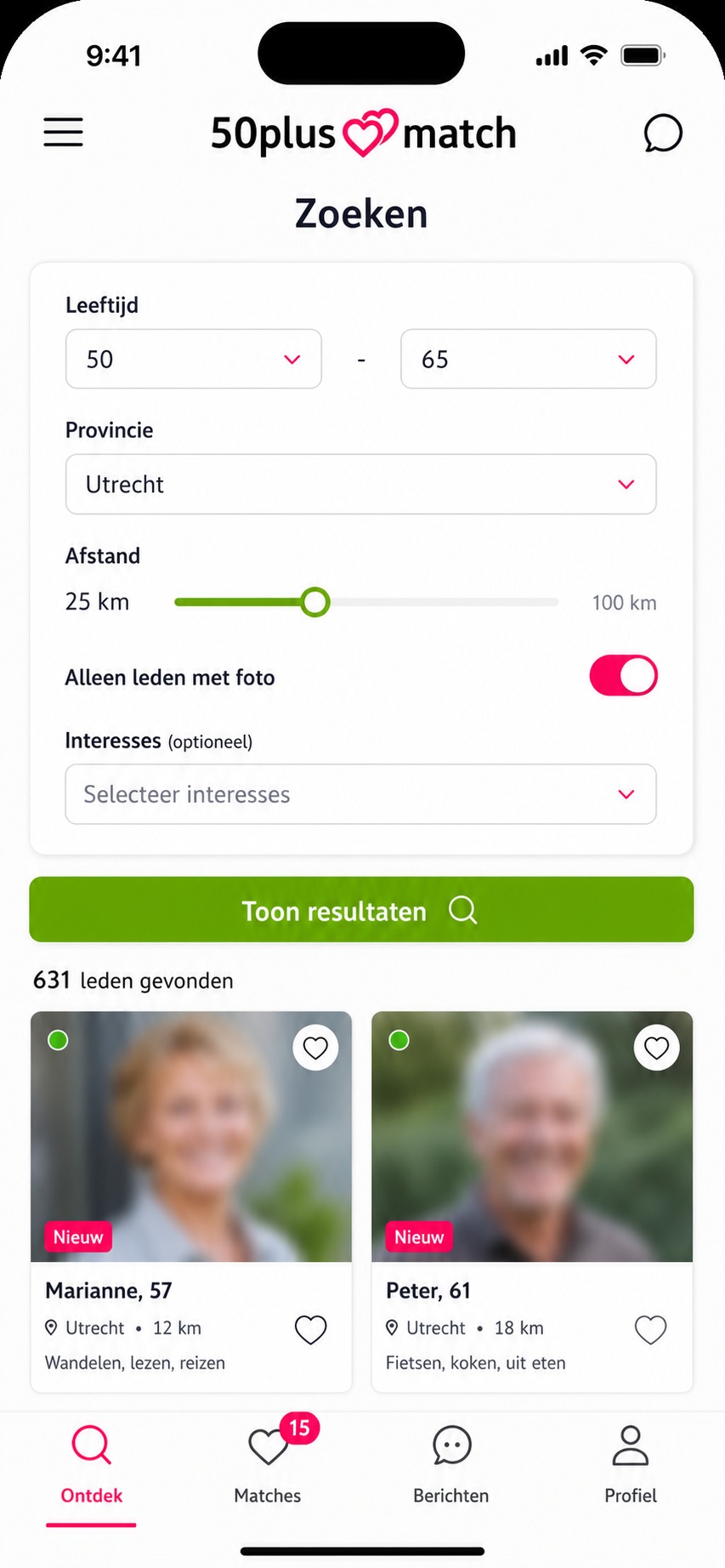 50plusmatch zoeken en filters instellen