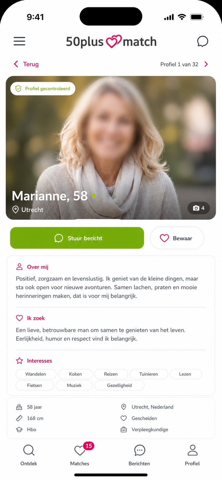 50plusmatch profiel detail met soft blurred profielfoto