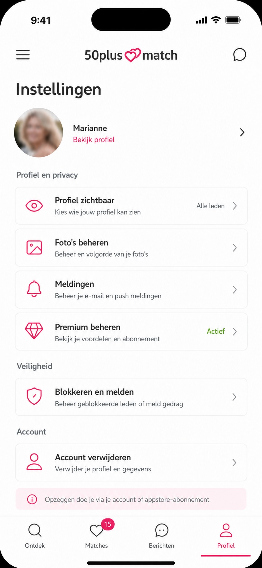50plusmatch instellingen privacy en account beheren