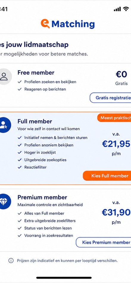 e-Matching Full en Premium lidmaatschap vergelijken