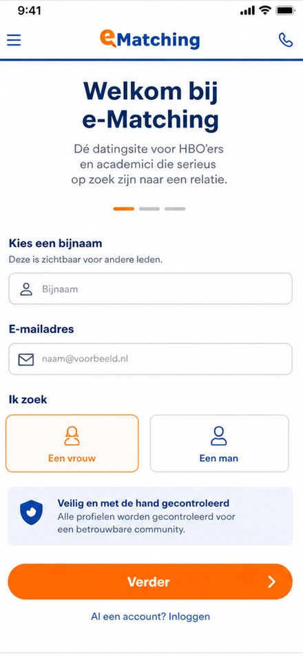 e-Matching onboarding met nickname en datingintentie