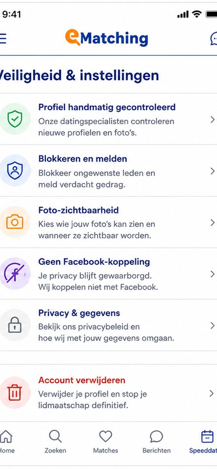e-Matching veiligheid privacy en accountinstellingen