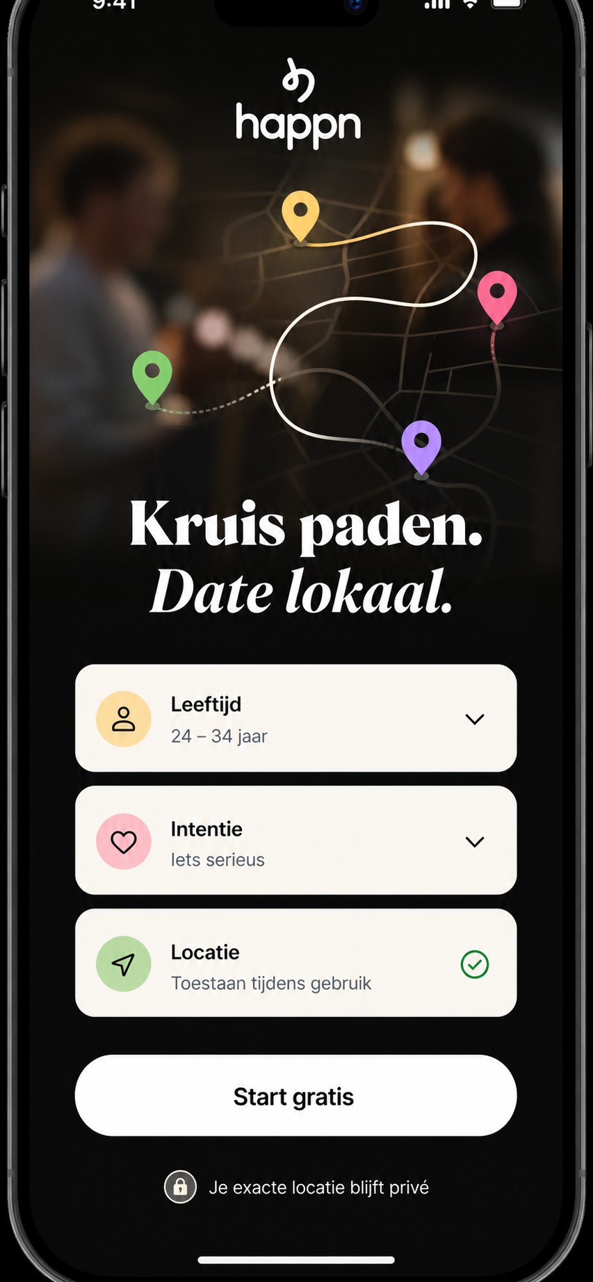 Happn onboarding met lokale dating en privacy-uitleg