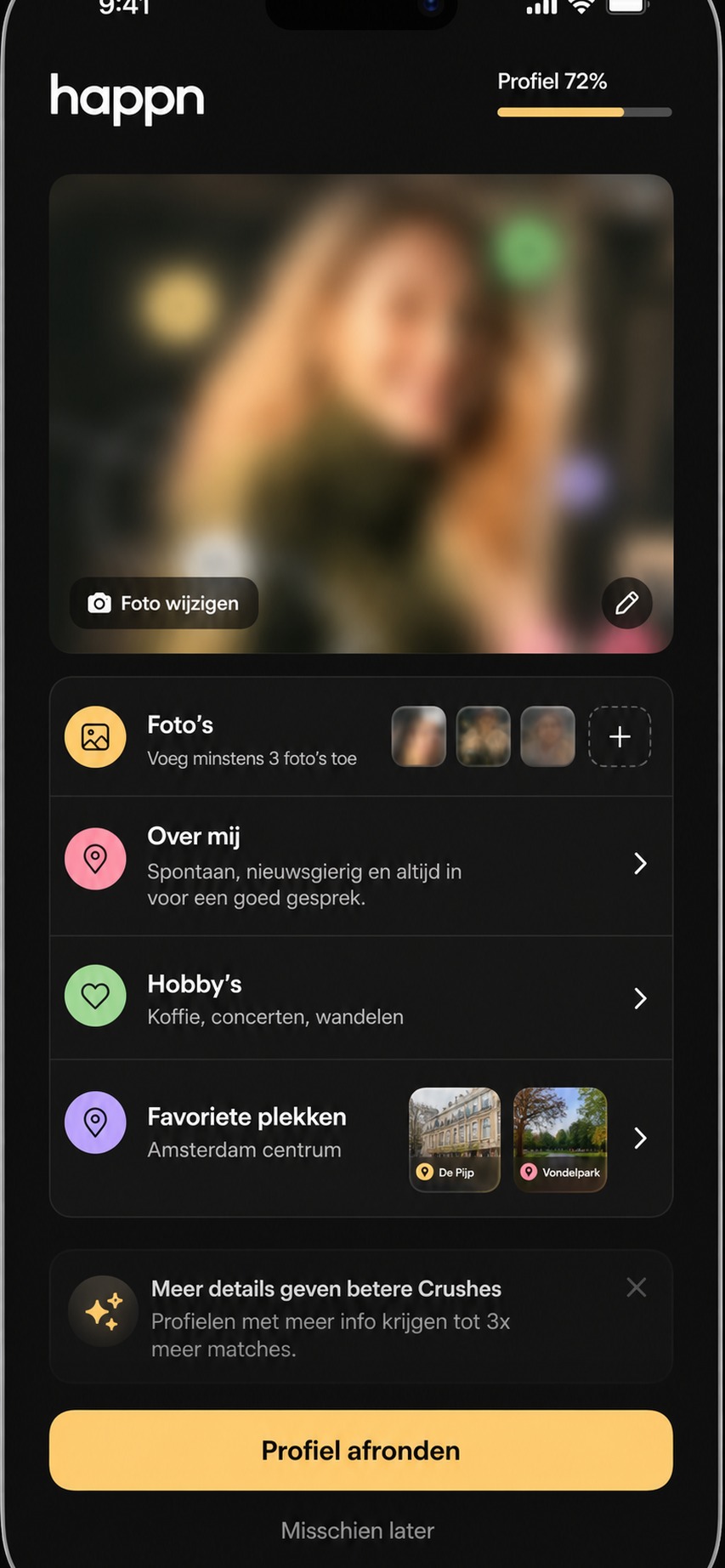 Happn profiel invullen met foto's hobby's en favoriete plekken