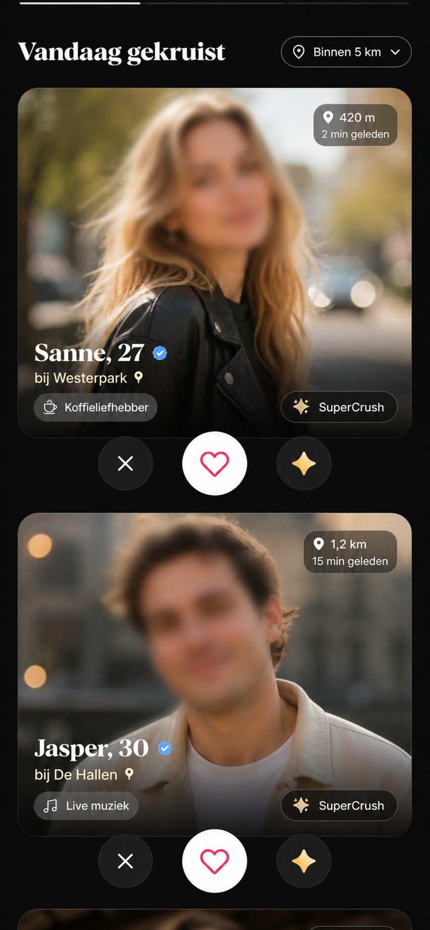 Happn padenfeed met lokaal gekruiste profielen