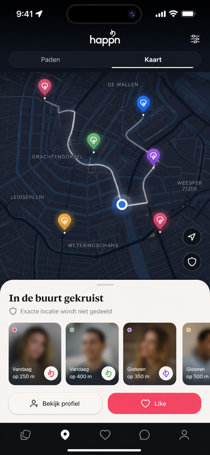 Happn kaart met kruispunten en lokale profielen