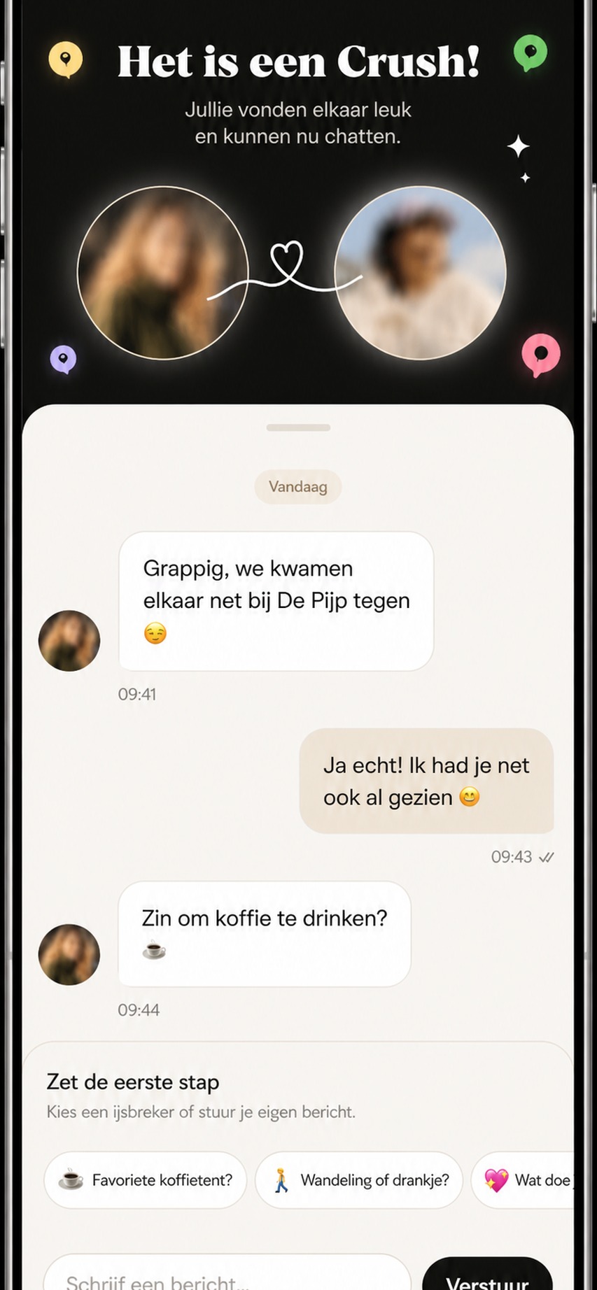 Happn Crush chat met ijsbrekers en berichten